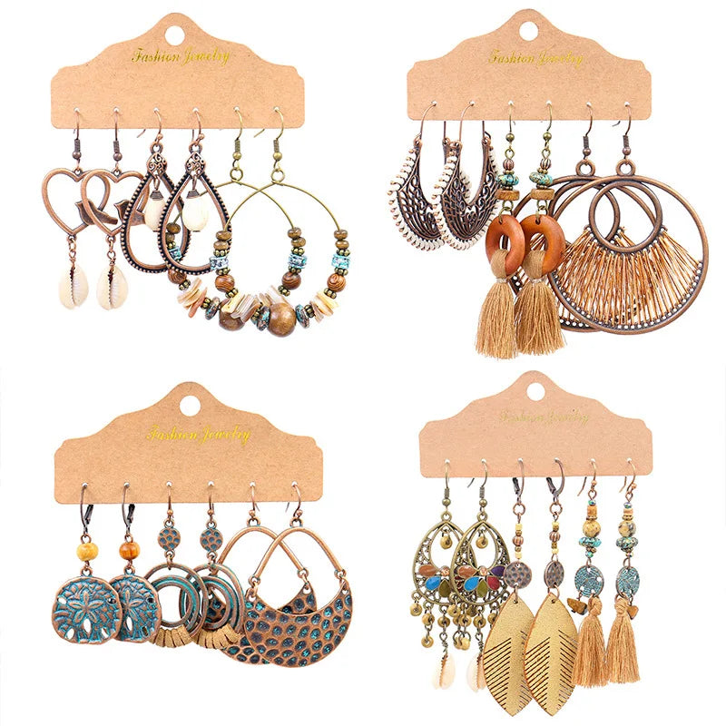 3 Pair/Card Trendy Vintage Bohemia Antique Bronze Plated Heart Hoop Tassel Pendant Female Boho Earring Set Jewelry for Women