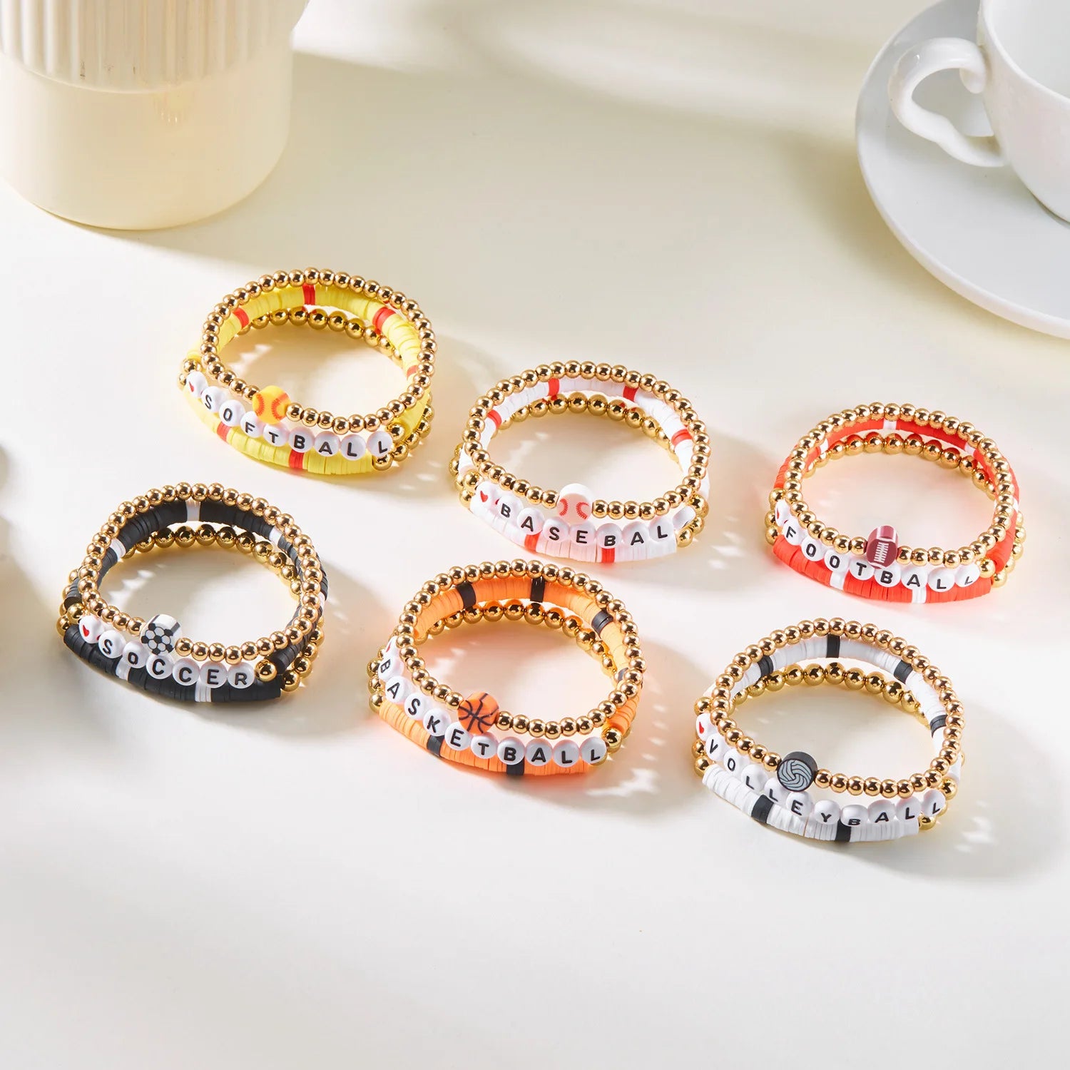 New Custom Sports Letter Stacking Baseball Volleyball Beaded Soft Clay Elastic Bracelet Set