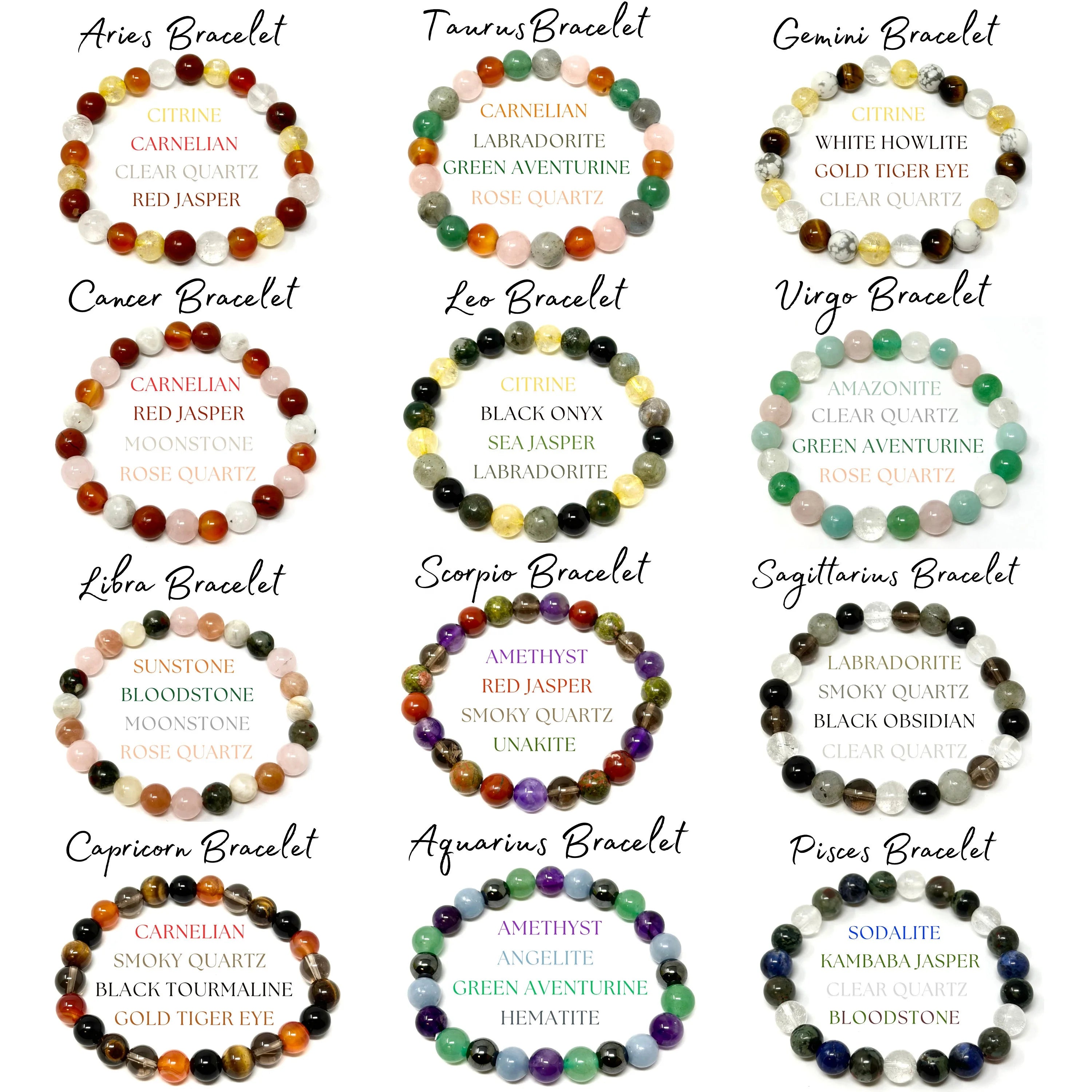 Zodiac Sign Stone Bracelet for Women Jewelry Yoga Meditation Tiger Eye Citrine Amethyst; Astrology Gift for Birthdays