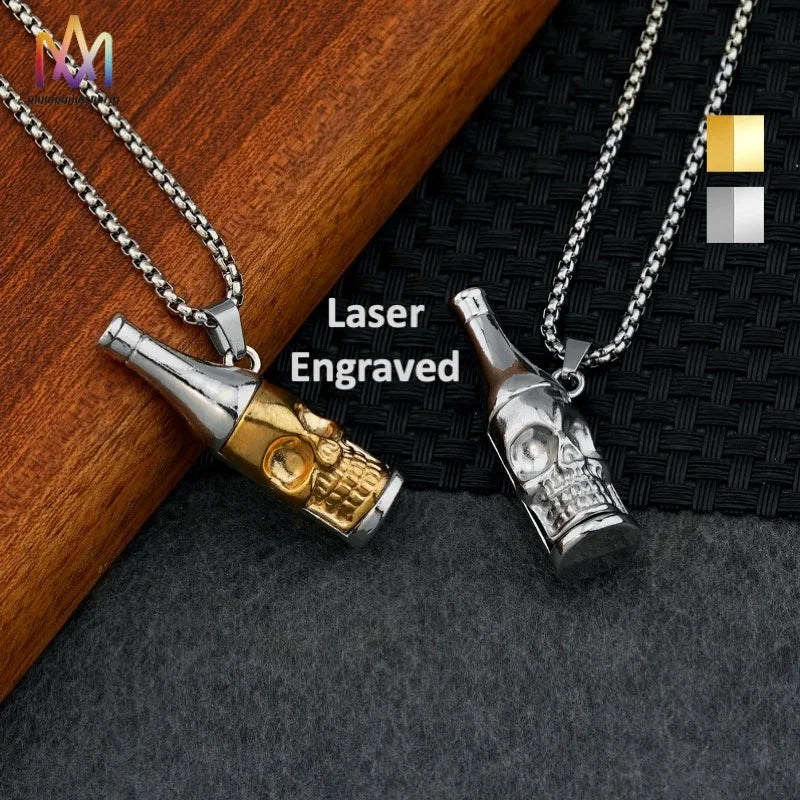 New Fashion Stainless Steel Skull Design Bottle Pendant Necklace 2 Colors Engraved with Gold Plating