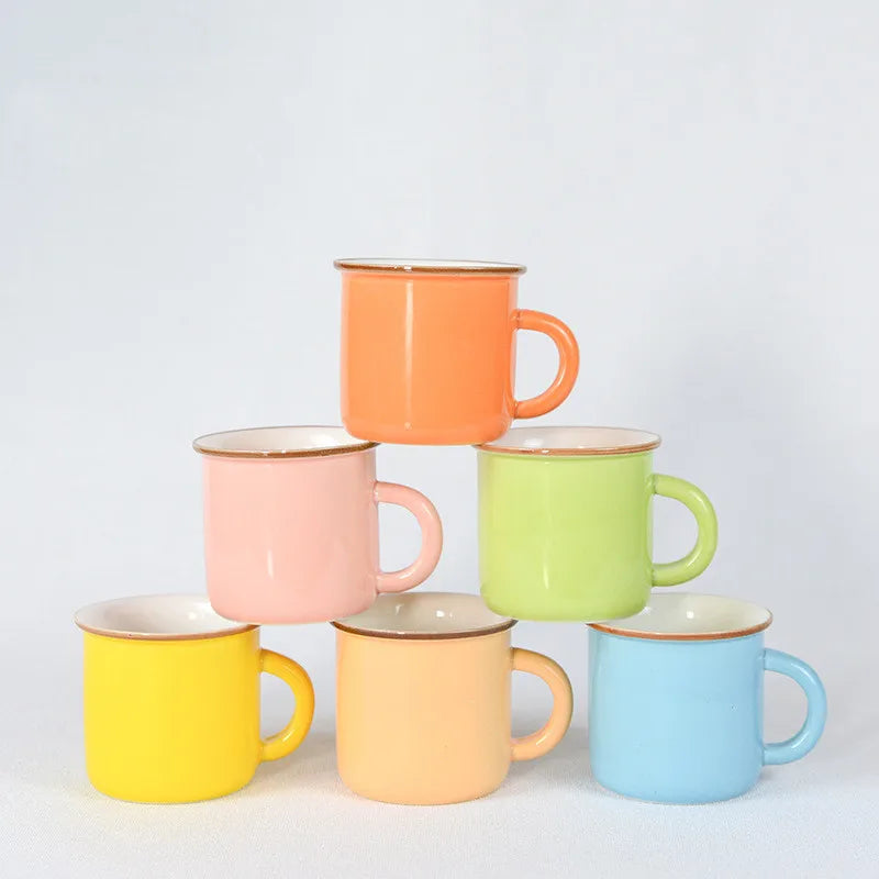 Madou Wholesale Enamel Coffee Mug Small Colorful Glazed Contemporary Design Leak Proof Reusable Sublimation Lid Hand Grip Cup
