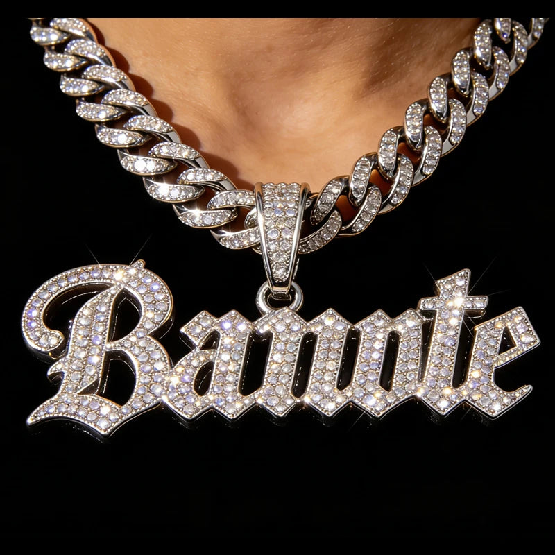 Personalized Bling Nameplate Custom Oversized 925 Silver Moissanite Hip-Hop Name Pendant for Men/Women