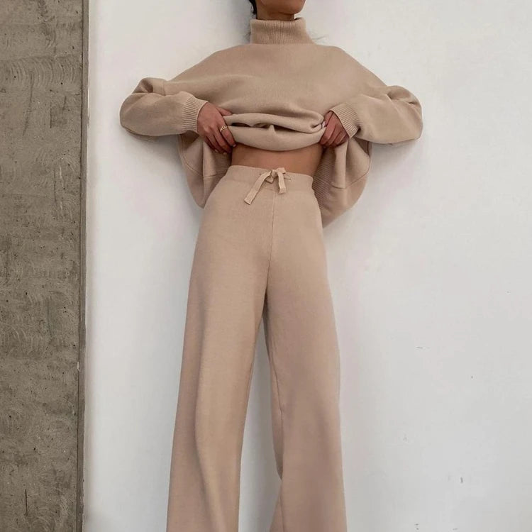 Enyami Autumn Winter Turtleneck Long Sleeve Pullover Top Wide Leg Pants Suit Elegant Fleece Women Casual Two 2 Piece Set