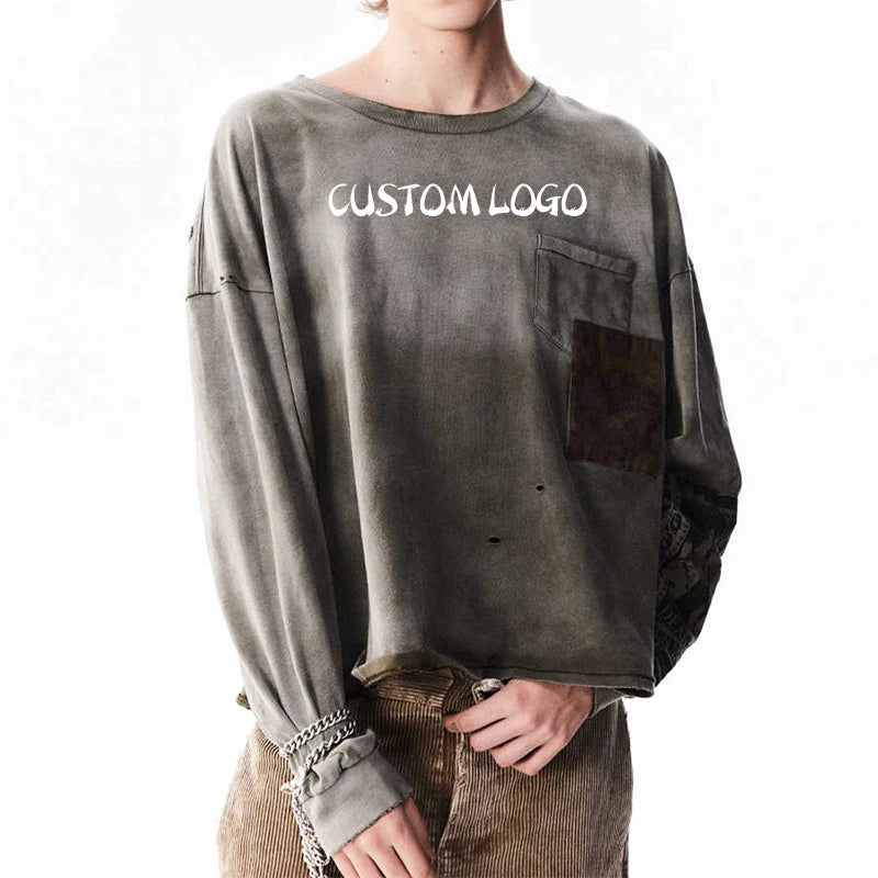 Popular Casual Gradient Color Knitted Cotton Long Sleeve T-Shirt With Broken Hole Design Summer Cropped Applique Printing Tshirt