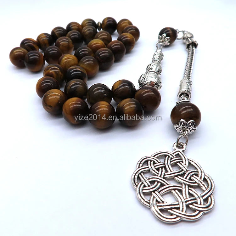 Natural Tiger Eye Stone Muslim Prayer Beads Tassel Necklaces 10mm 33 Beads Islamic Eid Ramadan Trabzon Tassel