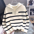 Women'S New Korean Style Cardigan Autumn Winter Thicken Quarter Zip Pullover Top Front Zipper Striped Base Sweatshirt MegaBDM