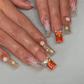 Wholesale Factory 24pcs Short Almond False Nail Tips Full Cover Nude Golden Foil Designed Gel Press on Nails Manufacturer