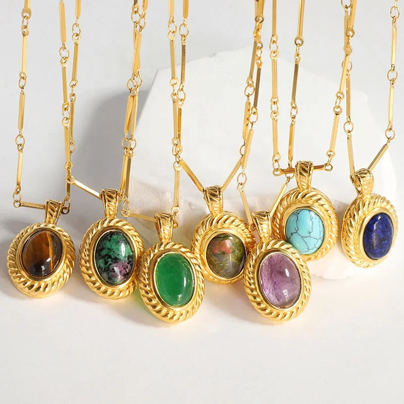 Fashion Jewelry 18K Gold Plated Stainless Steel Oavl Pendant Turquoise Lapis Lazuli Agate Natural Stone Necklace for Women