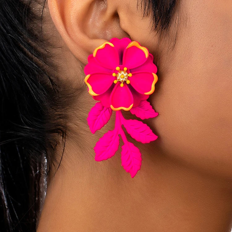 Fashionable Double-layer Petal Design Ear Studs Retro Elegant Long Rose Red Leaf Pendant Earrings for Women