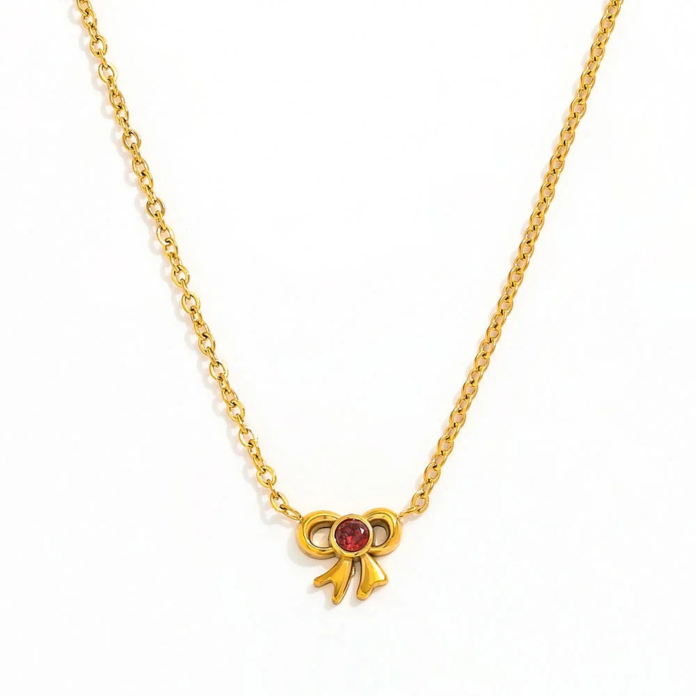 Joolim Waterproof Gold Plated Dainty Green Red Zirconia Bowknot Bow Pendant Stainless Steel Snake Chain Necklace Earring Set