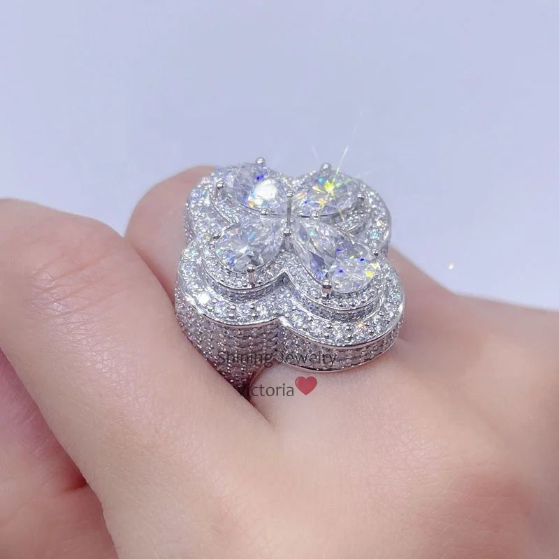 Drop Shipping Solid Silver Pear Cut Luxury Hip Hop Vvs Moissanite Diamond Cluster Ring