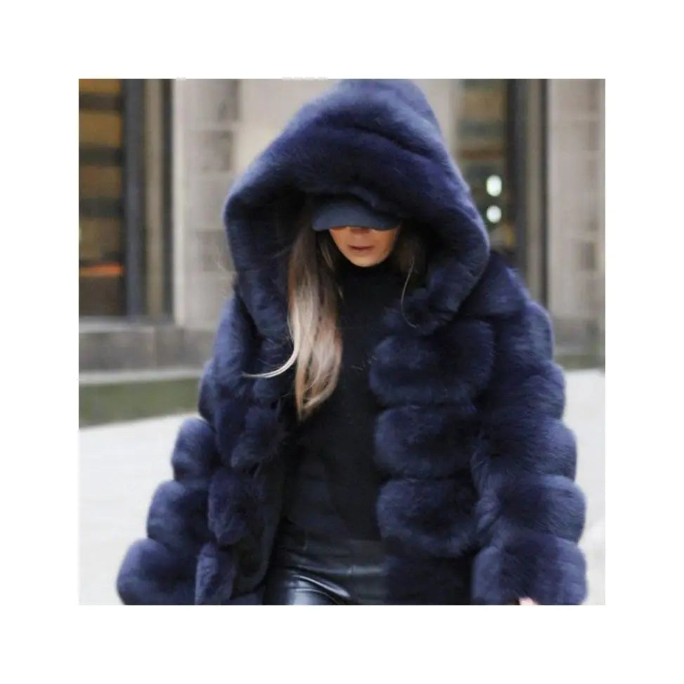 Jtfur Elegant Warm Winter Fashion Faux Fur Garment Hooded Solid Color Casual Custom Faux Fur Coat