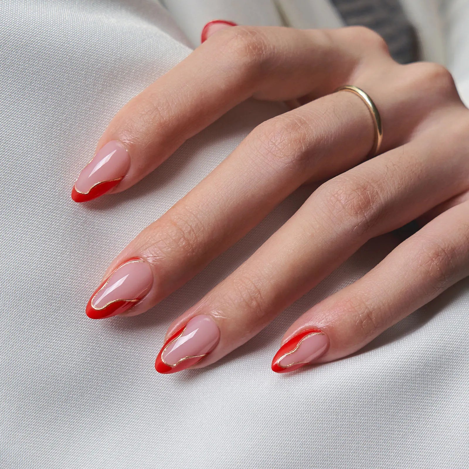 BTArtbox Custom Gold Foil Design Luxury Artificial Fingernails Wholesale Soft Gel Red French Tips Short Almond 3D Press on Nails