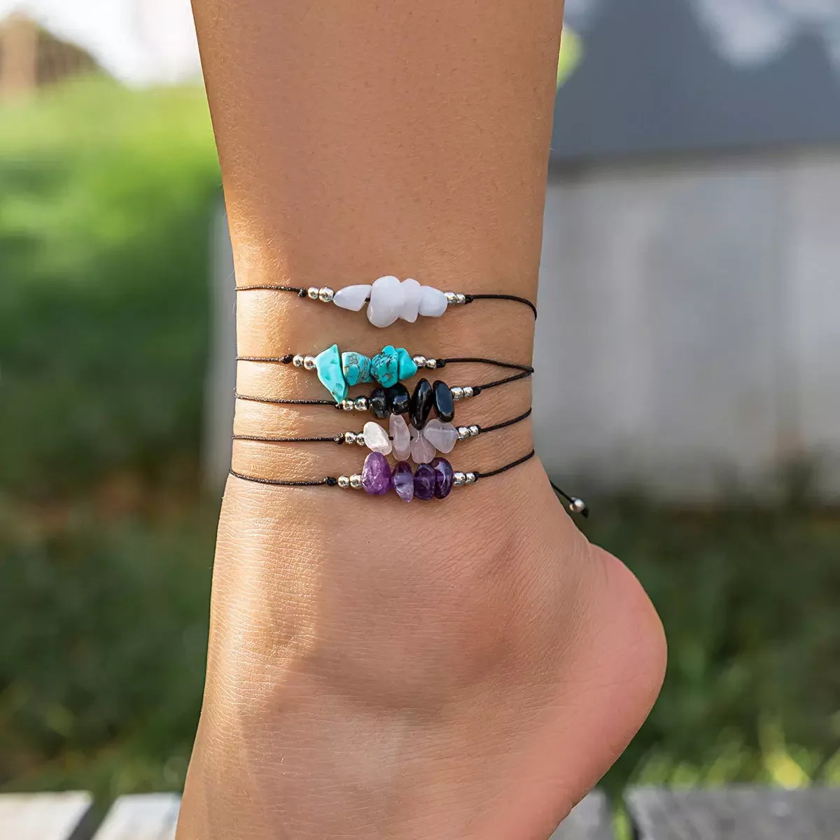 SHIXIN Boho Irregular Natural Stone Adjustable Rope Chain Anklet Bracelet for Women Sandals Summer Vintage Barefoot Beach Gift