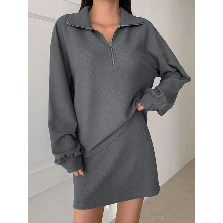F230051 Custom Hoodies Logo Women Spring Autumn Half Zip up Crop Sweatshirt Short Skirts 2 Pieces Set Hoodie Set