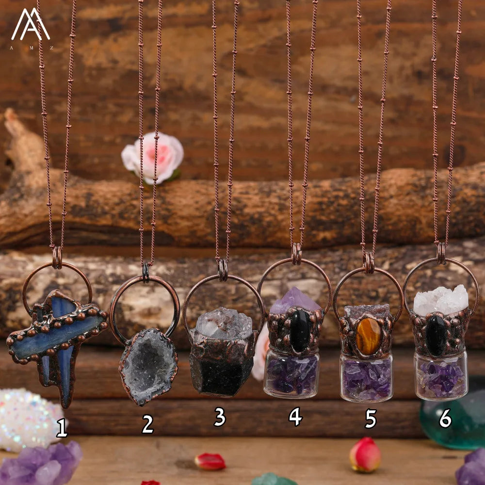 Vintage Bohemian Birthstone Pendant Necklace Natural Raw Healing Crystals Reiki Chakra Jewelry for Weddings and Parties