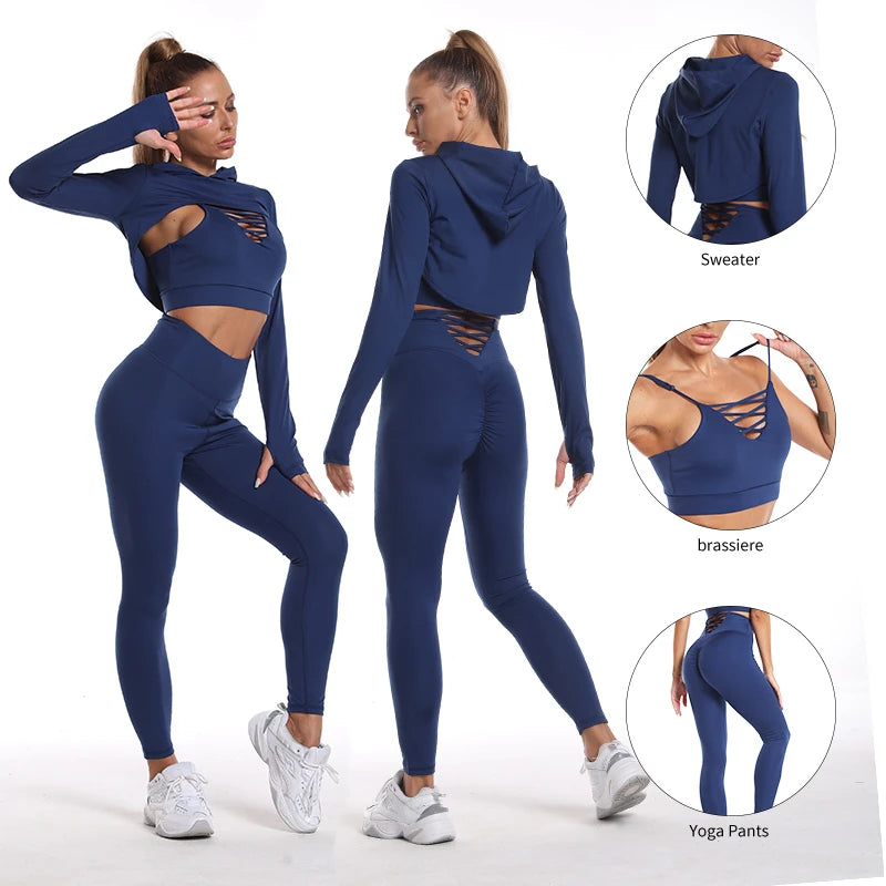 Custom Brand Ladies Winter Yoga Suit 3 Piece Breathable Fitness Gym Wear Set Long Sleeve Seamless Legging Solid Workout Wear for