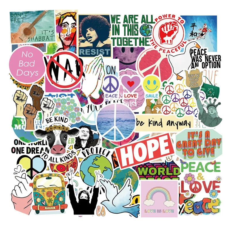 50Pcs Ins Style Love and Peace Theme Decorative Stickers for Bottle Laptop Phone Vinyl Hippie Stickers