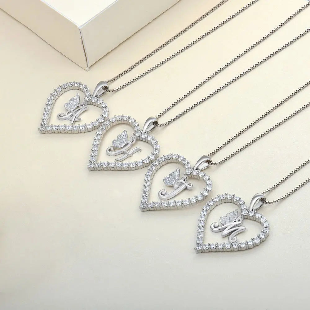 Fashion 26 Initials & Heart Love Cubic Zircon CZ 925 Silver Women's Pendant Necklace with Silver Rhodium Plating for Weddings