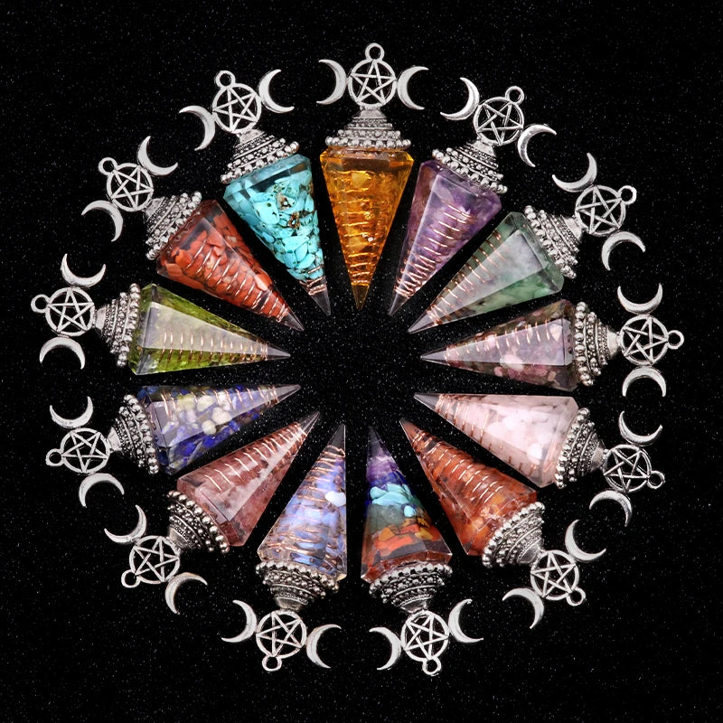 Hand Carved Divination Pendulum Antique Silver Hexagonal Pillar  Resin Chip Gemstone Pendant Divination Spells