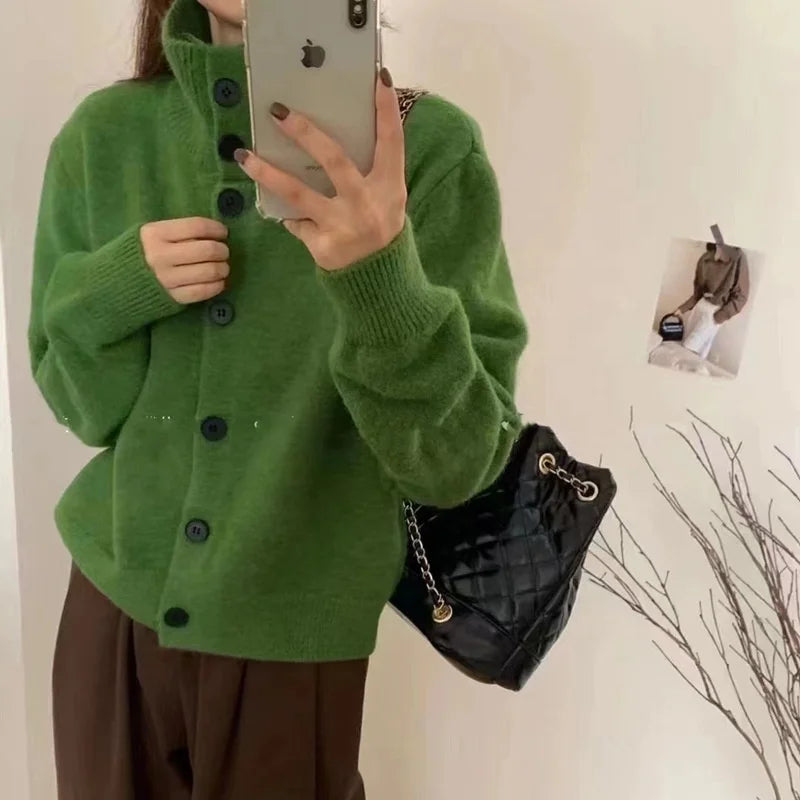 Autumn and Winter New Lantern Sleeve High Neck Cardigan Loose Single Breasted Knitted Sweater Women Coat Casual