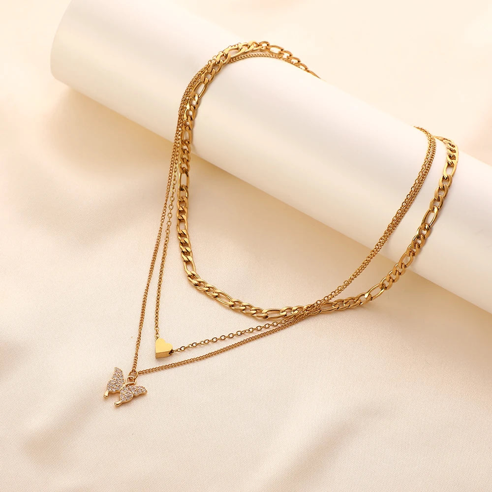 Women Fashion Neck Chains Jewelry Set Adjustable Stainless Steel Gold Color Multilayered Heart Butterfly Pendant Necklace