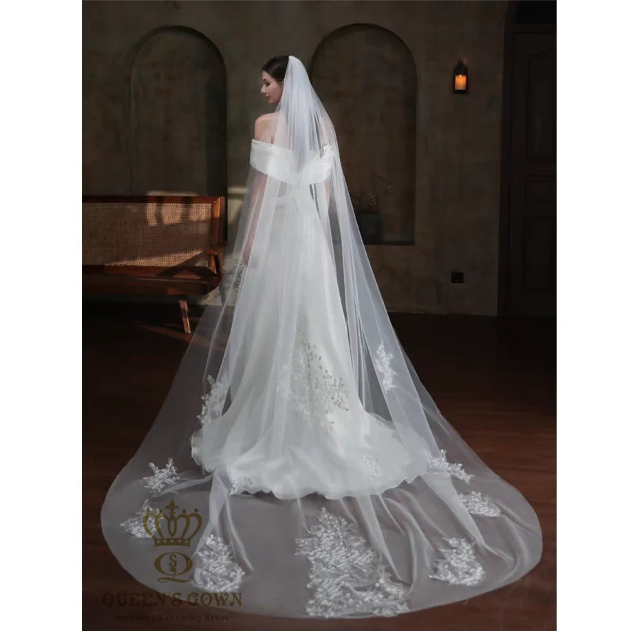 QUEENSGOWN Exquisite Long Train Bridal Veils Flower Applique With Shining Sequins Bridal Wedding Dress Accessories