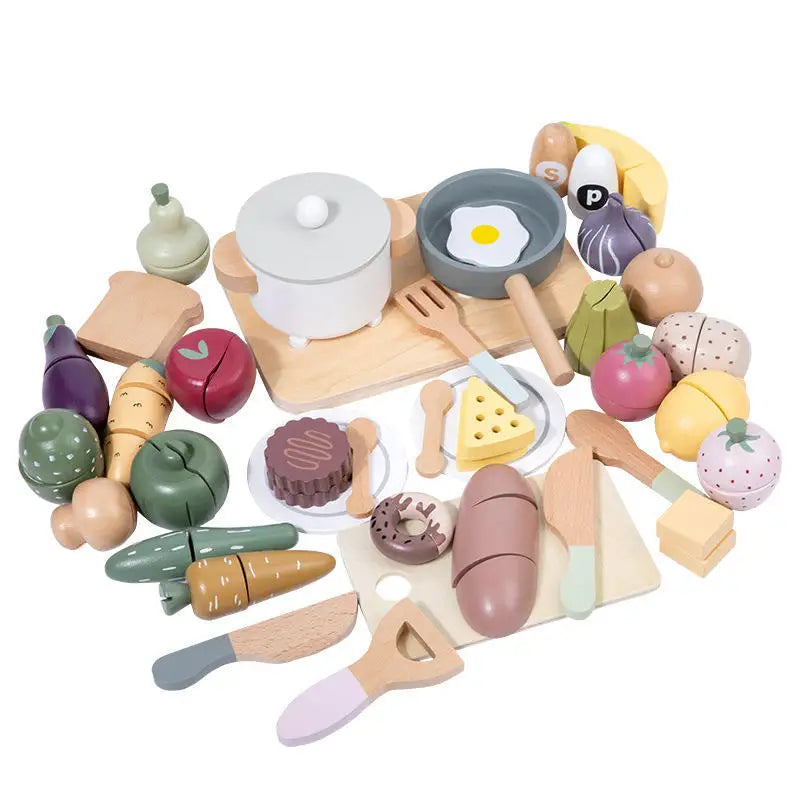 Newest Custom Children Wooden Pretend Fruit Vegetable Cutting Game Educational Kitchen Cooking Food Toys for Kids