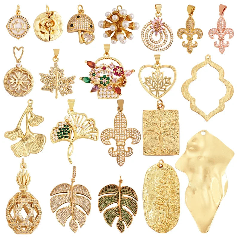 Unique Rose Flower Maple Leaf Big Tree Plant Charm Pendant18k Gold Zircon Jewelry Findings Necklace Accessories Supplies S31