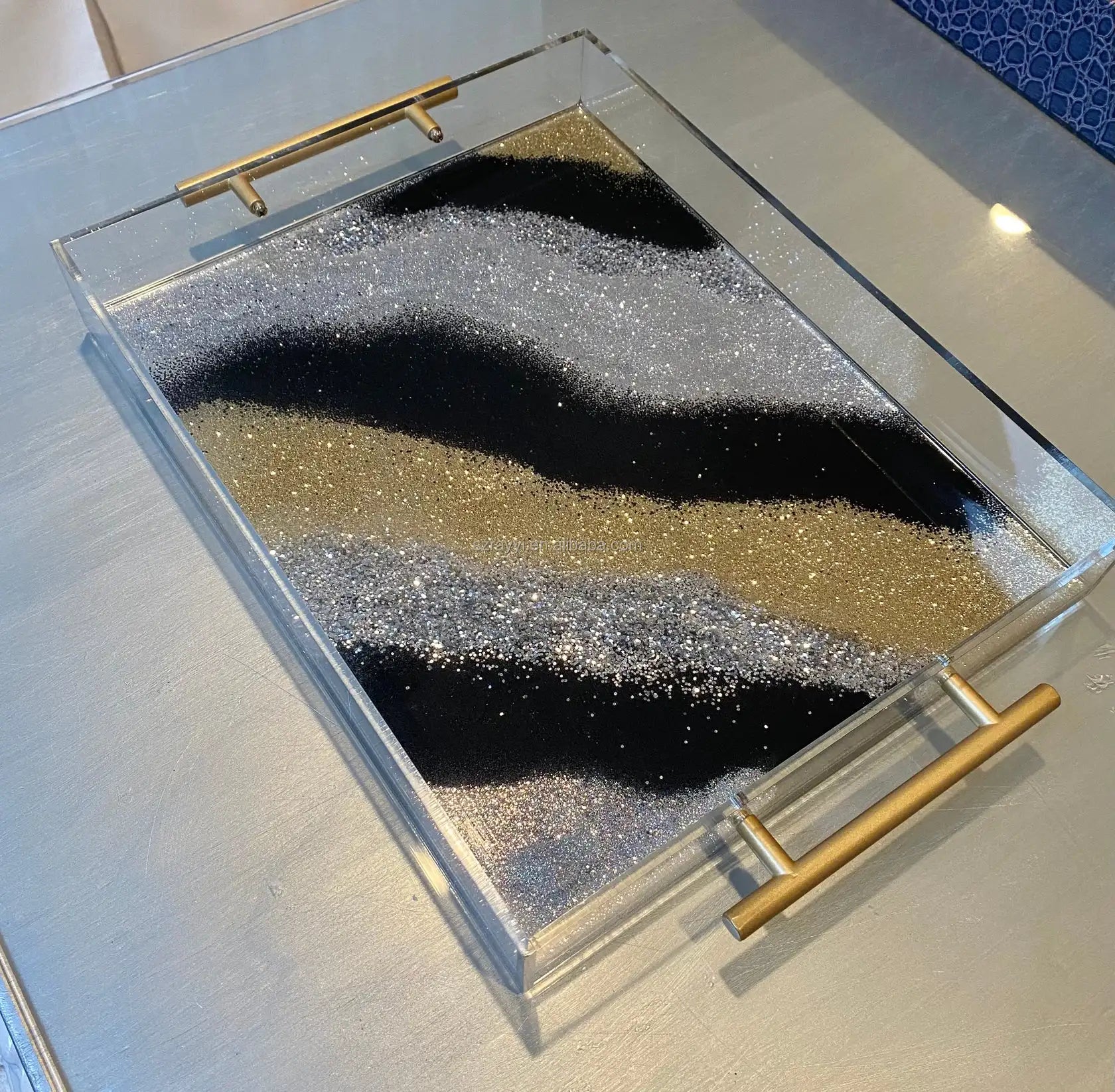 RAY YI Wholesale Handmade Chunky glitter gold acrylic serving tray with handle