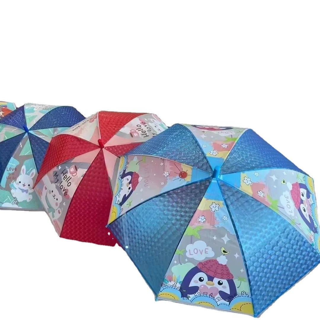Straight Auto Open Kids Umbrella with 3D POE Fabric Rainproof Cartoon Umbrella with 4 Printed Assorted