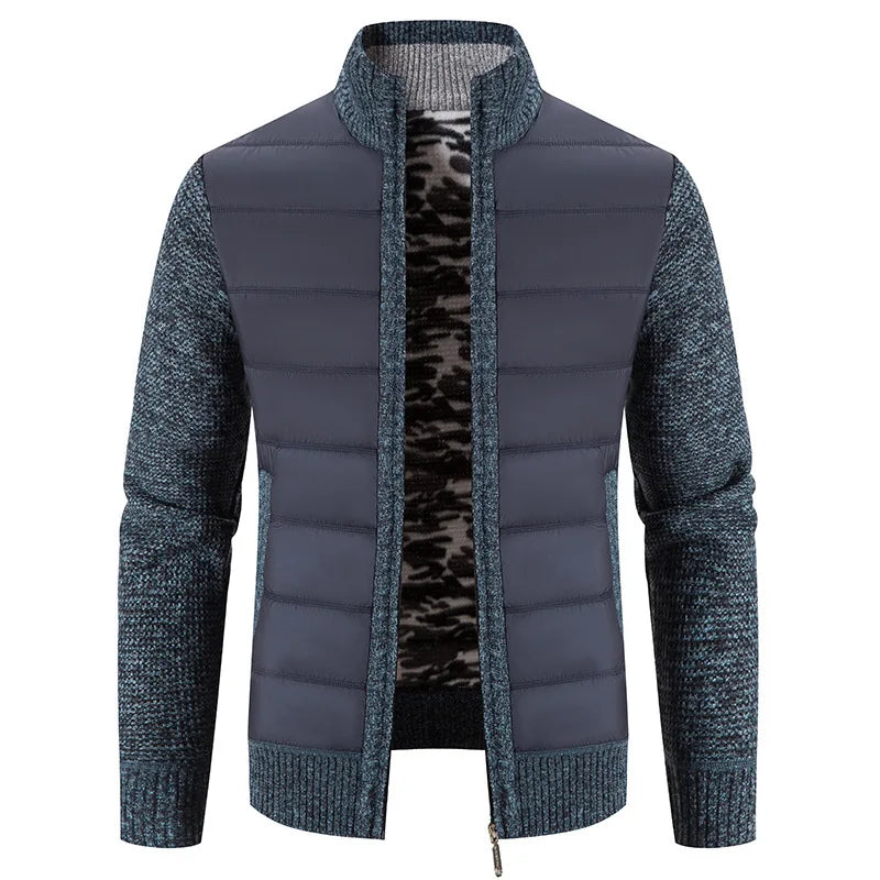 New Men's Knitwear Coat Fashion Patchwork Cardigan Stand Collar Cotton Padded Jacket