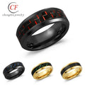 8mm Yellow Gold  Wedding Band Inlay Black and Blue Carbon Fiber Beveled Edged Comfort Fit for Him and Her