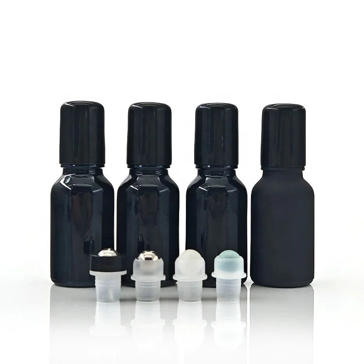 Shiny Black Glass Cylinder Metal Roller Bottle Screen Printing Skincare Essential Oil 5-100ml Empty Roll on Bottle With Caps