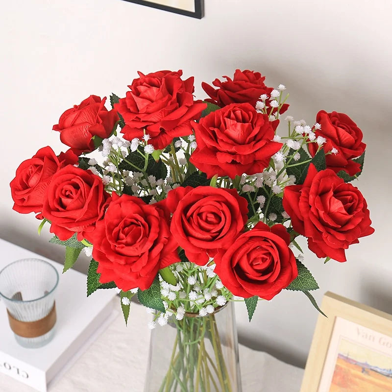Wholesale Single Red Velvet Artificial Rose Handmade Single-Use Fake Flower for Home Living Room Wedding Indoor Outdoor Decor