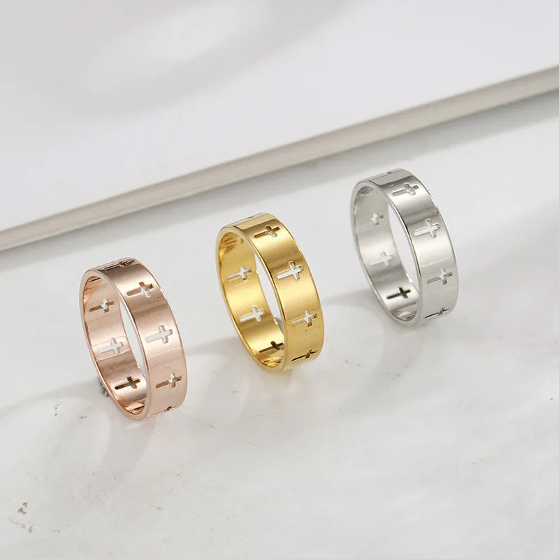 New Arrivals Gold Plated Cross Ring Simple Jewelry Stainless Steel Hollow Cross Finger Ring for Couple