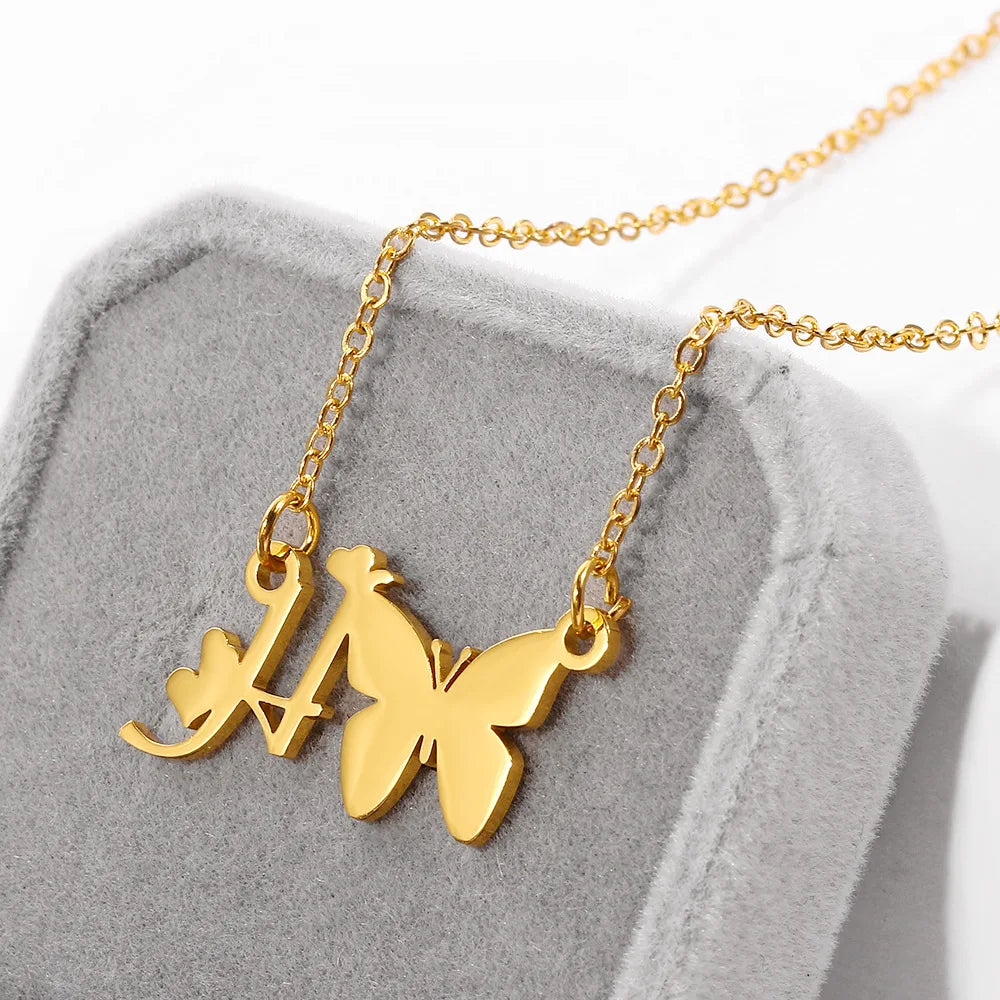 Wholesale A-Z 26 Alphabet Letters Jewelry Necklace Tarnish Free Stainless Steel 18k Gold Plated Initial Butterfly Necklace