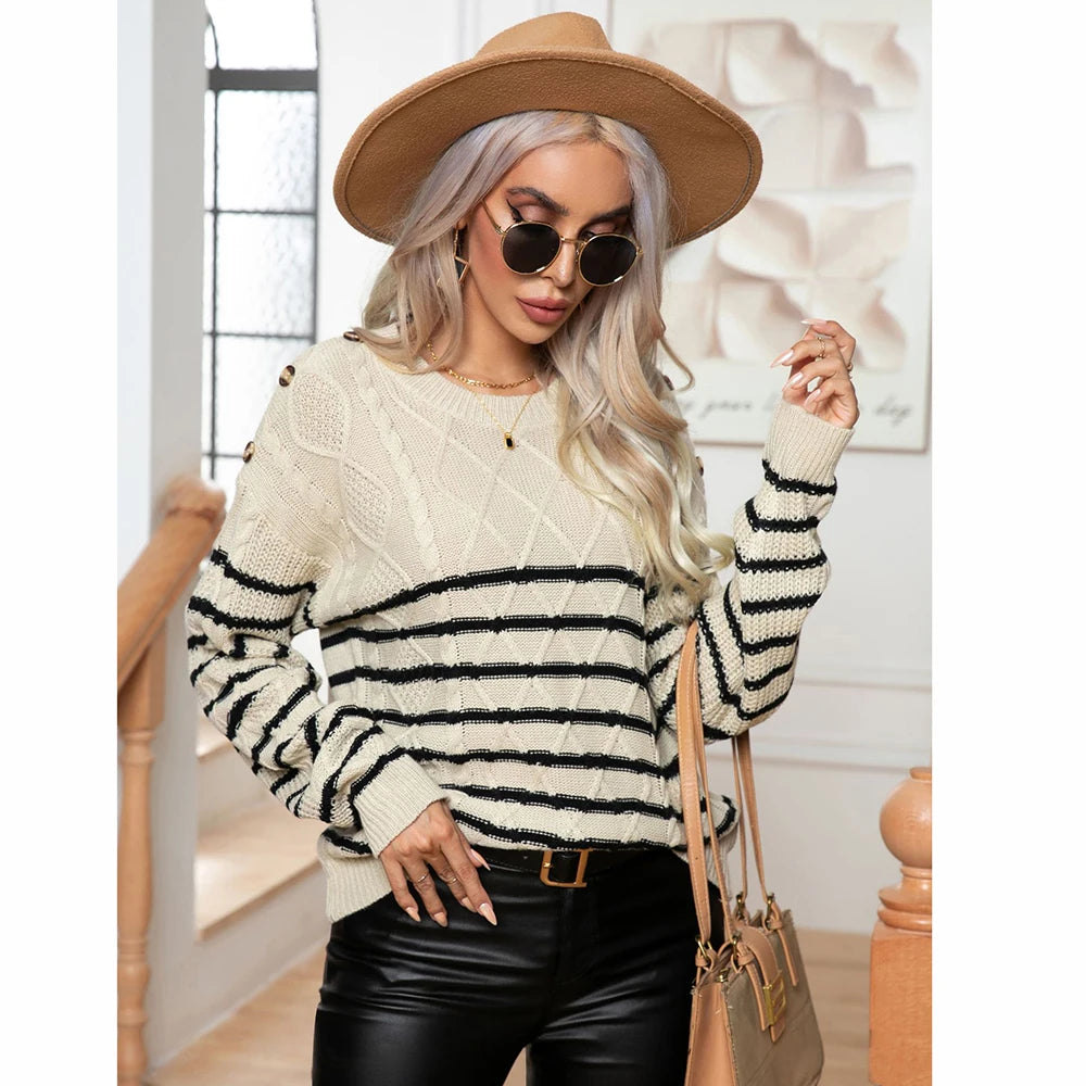 European American New Style Striped Sweater Retro Twisted Knitted Pullover Long Sleeve Button Design Pullover Sweater for Wome