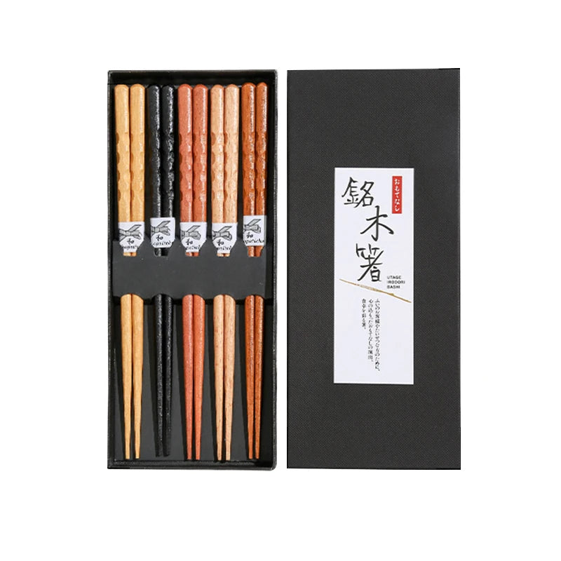 Japanese Eco-Friendly Matte Finished Ebony Red Sandal Bamboo Wooden Chopsticks Set of 5 Pairs with Gift Box for Business Gifts