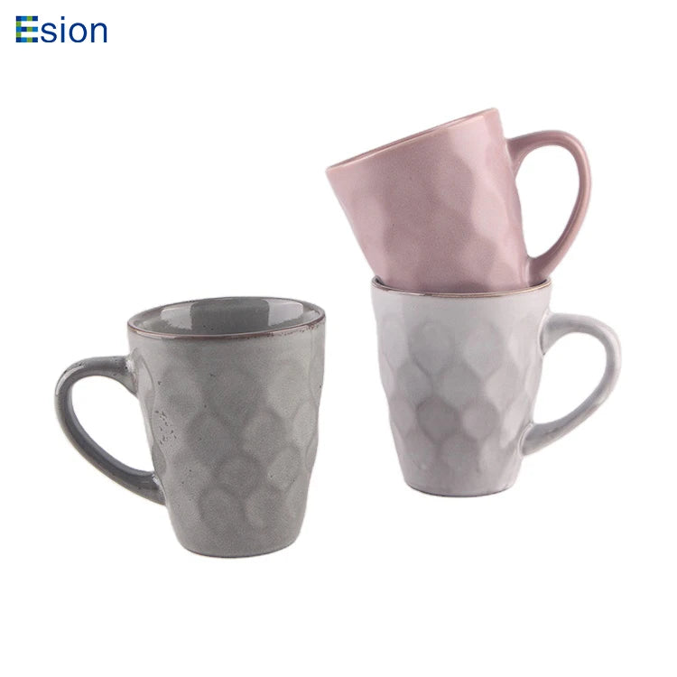 Wholesale Nordic Style 12oz Embossed Cappuccino Ceramic Cup Stoneware Mugs Promotional Business Gift Mug Set
