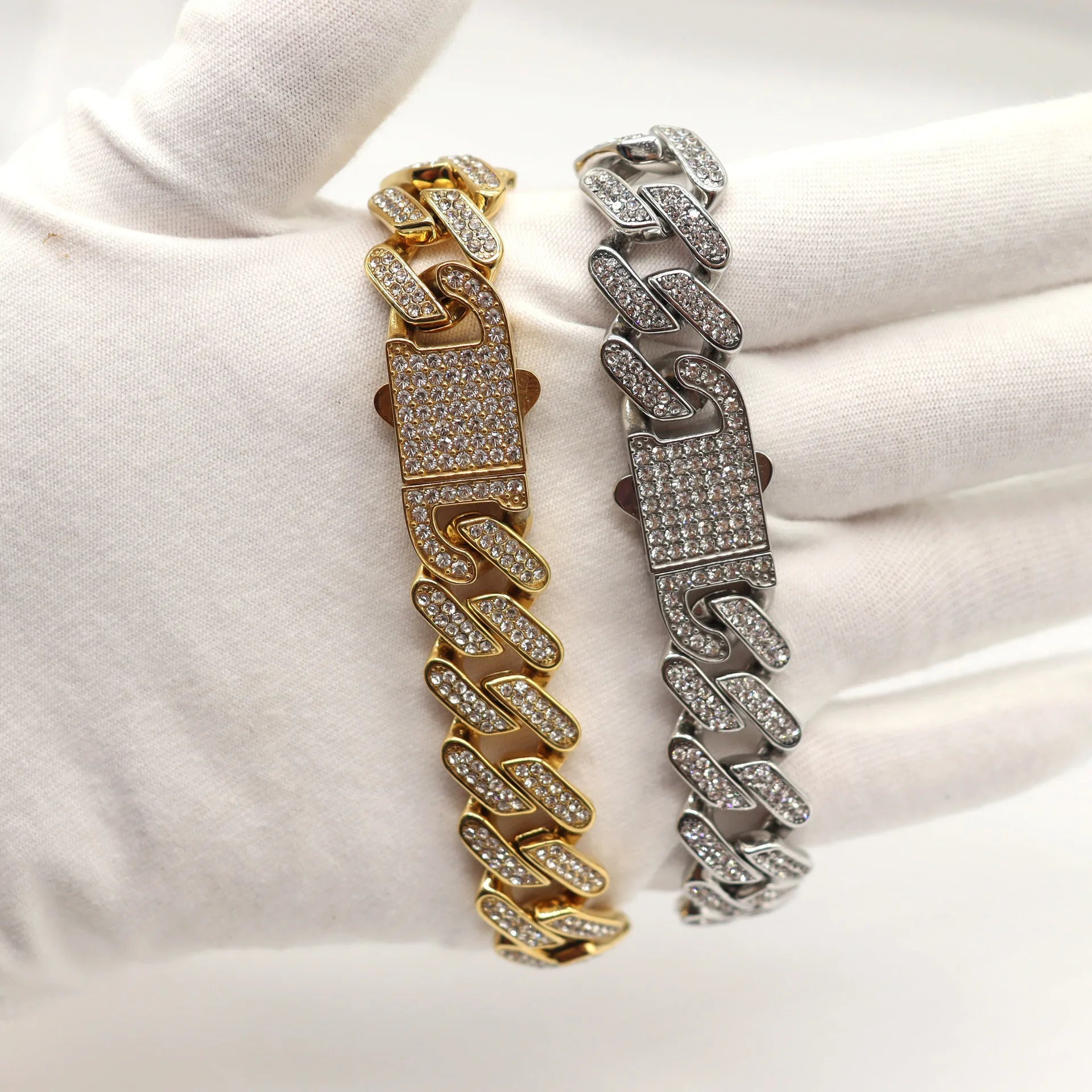 Luxury Iced Out Cuban Link Chain Titanium Steel Bracelets for Women Men Gold Silver Color Bling Rhinestone Bracelet Jewelry
