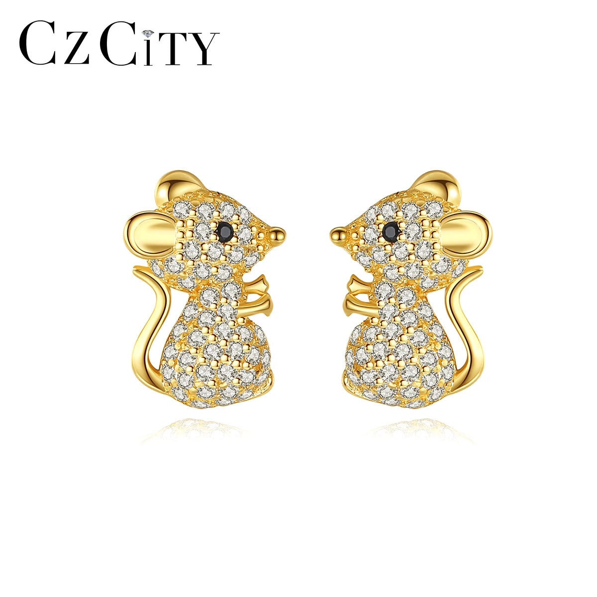 CZCITY 925 Sterling Silver Cute Animal Ear Ring Jewelry AAA Cubic Zirconia CZ Pave Diamond Mouse Stud Earrings