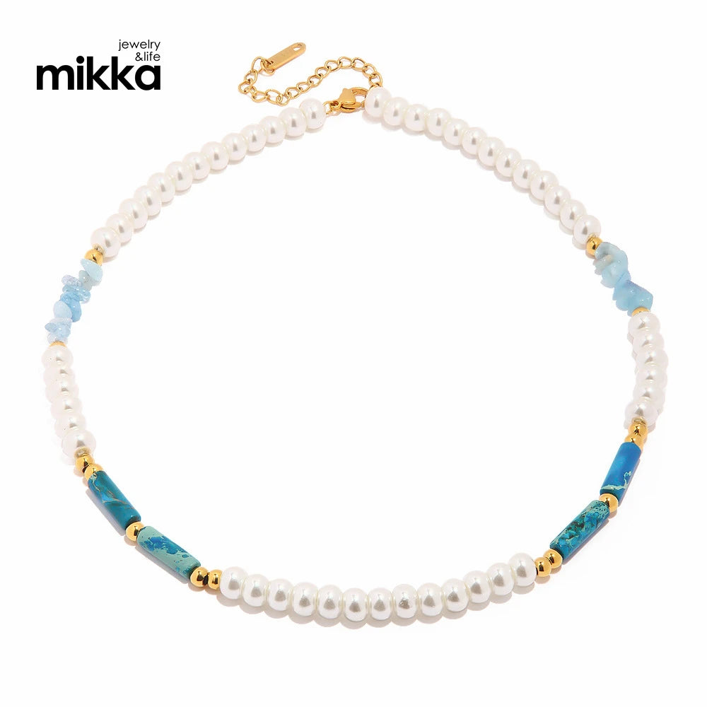 Women Jewelry Stainless Steel Turquoise Necklace Chic Peal Gold Beaded Natural Stone Necklace