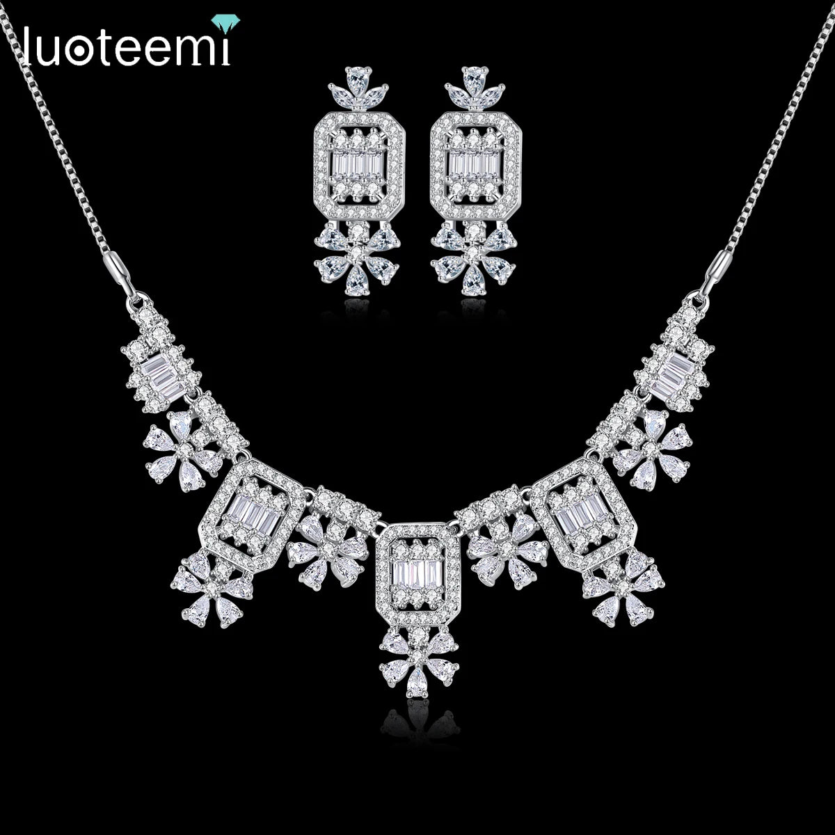 LUOTEEMI Trendy Chain Iced Out Earing Elegant Zircon Accessory for Woman Set Necklace Earring Jewelry