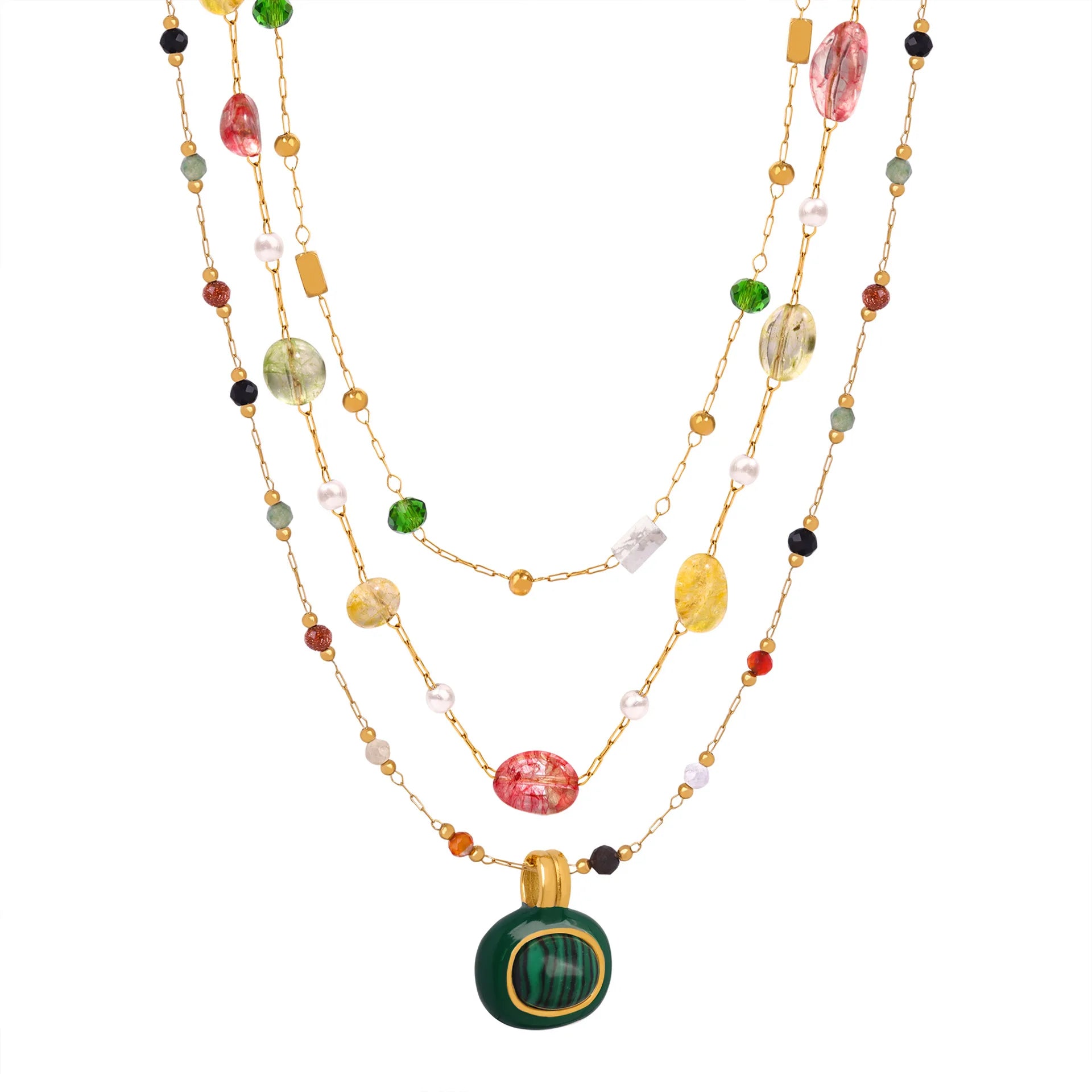 High End Stainless Steel Colorful Natural Stone Imitation Pearl Pendant Necklace 18K Gold Plated Fashion Jewelry for Women