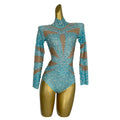 Long Sleeve Blue Crystal Stage Performance One Piece Short Jumpsuit Party Showgirl Pole Dance Leotard Women Rhinestone Bodysuit