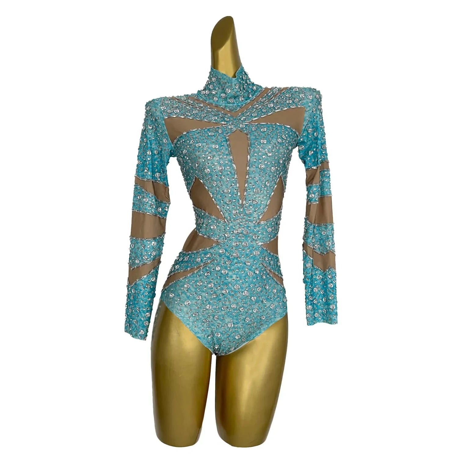 Long Sleeve Blue Crystal Stage Performance One Piece Short Jumpsuit Party Showgirl Pole Dance Leotard Women Rhinestone Bodysuit