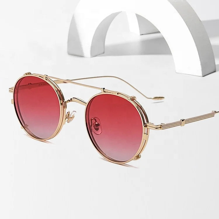 Wholesale Gold Metal Frame Polarized Sunglasses Anti Blue Light Red Lens Eyeglasses with Clip on Shades Sun Glasses
