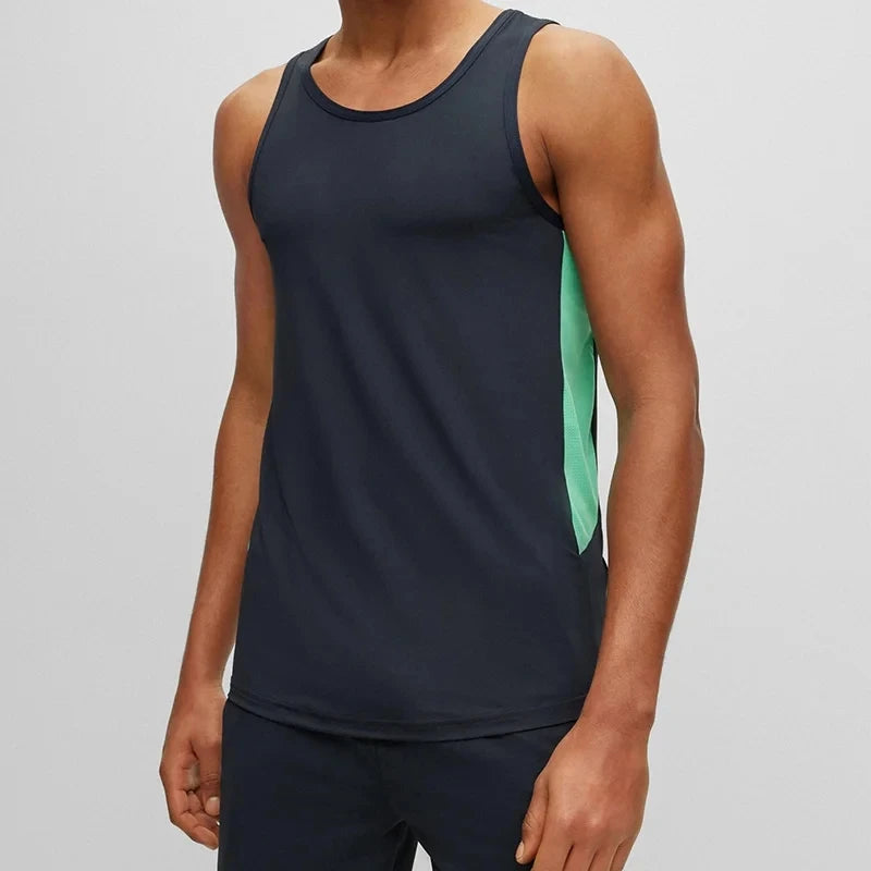 High Stretch Breathable Eco-Friendly Quick Dry Knitted Sporty Fitness Gym Plaid 90% Polyester 10% Spandex Contrast Men Tank Tops