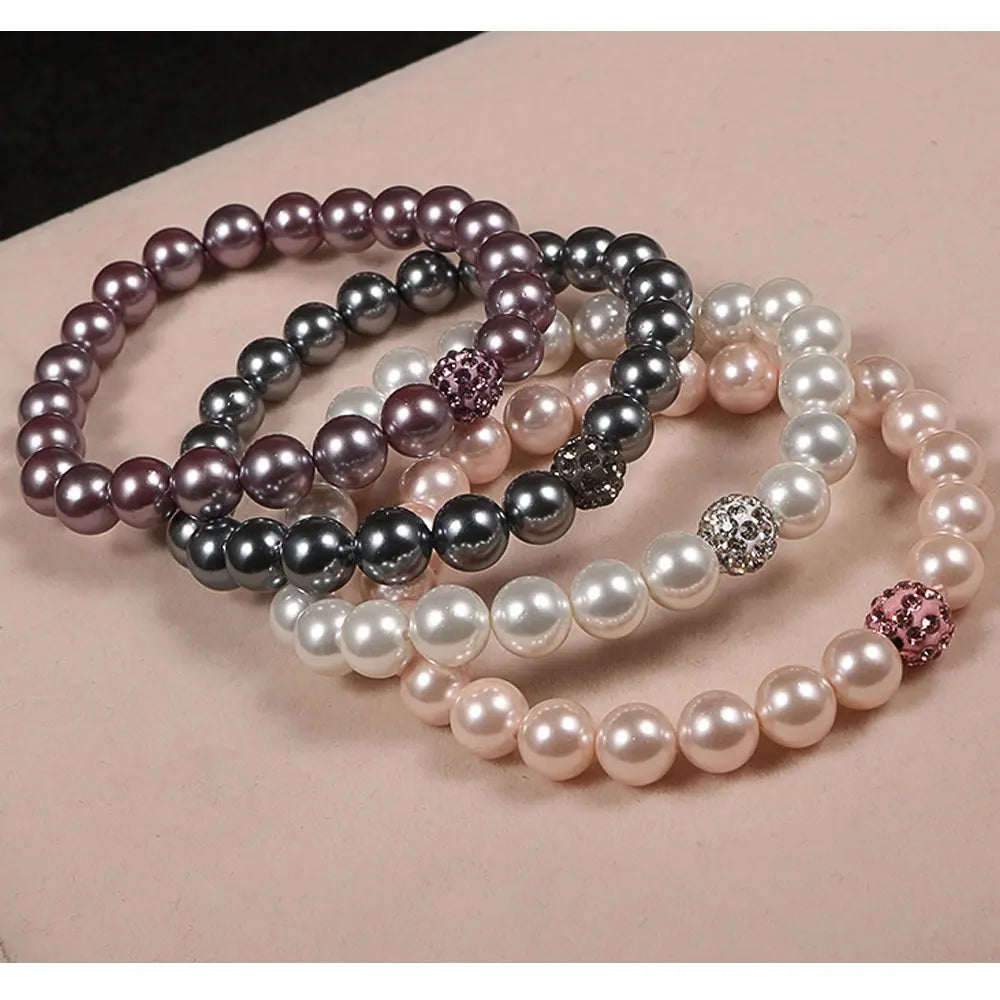 Handmade Classic Anniversary 8mm Mother of Pearl Bead Elastic Cord Rhinestone Glitter Charm Bracelet for Men's